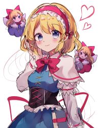Rule 34 | 3girls, adjusting hair, alice margatroid, black nails, blonde hair, blue dress, blue eyes, book, bow, dress, hair bow, headband, heart, highres, holding, holding book, hourai doll, long sleeves, moshihimechan, multiple girls, red bow, red dress, red headband, shanghai doll, shirt, sketch, smile, touhou, white background, white shirt