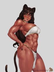 Rule 34 | 1girl, animal ears, anrig, black nails, brown hair, cat ears, cat girl, cat tail, crop top, hand on own hip, highres, long hair, looking at viewer, mole, orange eyes, original, pubic hair, scar, scar on face, solo, tail, thick thighs, thighs, white background
