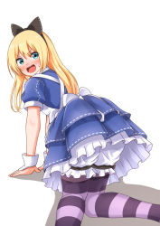 Rule 34 | 1girl, alice (alice in wonderland), alice (alice in wonderland) (cosplay), alice in wonderland, all fours, animal ears, blonde hair, bloomers, blue dress, blue eyes, blush, comiching, commentary request, cosplay, dress, feet out of frame, frilled dress, frills, from behind, highres, jervis (kancolle), kantai collection, long hair, looking at viewer, nose blush, pantyhose, purple pantyhose, simple background, solo, striped clothes, striped pantyhose, underwear, white background, wrist cuffs