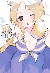 Rule 34 | 1girl, ;o, beer mug, bikini, bikini top only, blonde hair, blue skirt, blush, breasts, chibi, chibi inset, cleavage, collarbone, commentary request, crying, cup, highres, holding, holding cup, large breasts, long hair, looking at viewer, mug, nikupara22, one eye closed, pointy ears, princess connect!, simple background, skirt, striped bikini, striped clothes, swimsuit, translation request, very long hair, white background, yukari (princess connect!), yukari (summer) (princess connect!)