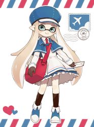 Rule 34 | aircraft, airplane, bad id, bad twitter id, bag, black gloves, black legwear, blue capelet, blue footwear, blue hat, blunt bangs, cabbie hat, capelet, carrying, closed mouth, collared dress, commentary request, dated, dress, emblem, envelope, frilled dress, frills, full body, gloves, gomi (kaiwaresan44), green eyes, hat, heart, holding, inkling, inkling girl, inkling player character, international envelope, long hair, long sleeves, looking at viewer, necktie, nintendo, pleated dress, pointy ears, red neckwear, satchel, shoes, smile, socks, splatoon (series), splatoon 2, squid, stamp, standing, tentacle hair, white dress, white hair