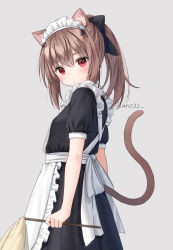 Rule 34 | 1girl, animal ear fluff, animal ears, anz32, apron, black bow, black dress, blush, bow, cat ears, cat girl, cat tail, closed mouth, commentary request, dress, duster, frilled apron, frills, grey background, hair between eyes, hair bow, holding, looking at viewer, looking to the side, maid, maid apron, maid headdress, nina (anz32), original, ponytail, puffy short sleeves, puffy sleeves, red eyes, short sleeves, simple background, solo, tail, twitter username, white apron
