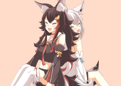 Rule 34 | 2girls, absurdres, ahoge, animal ear fluff, animal ears, back-to-back, black hair, black shirt, black shorts, black skirt, closed eyes, commentary request, crop top, detached sleeves, fox ears, fox girl, fox tail, hair between eyes, hair ornament, hairclip, highres, hololive, hood, hoodie, midriff, multicolored hair, multiple girls, navel, necktie, ookami mio, open mouth, orange background, pentagram, red hair, red necktie, shirakami fubuki, shirakami fubuki (1st costume), shirt, short shorts, shorts, simple background, sitting, skirt, smile, streaked hair, tail, thighhighs, virtual youtuber, white hair, white hoodie, white thighhighs, wolf ears, wolf girl, wolf tail, zuzy campbell