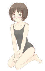 Rule 34 | 1girl, amagami, bare shoulders, barefoot, between legs, black one-piece swimsuit, blush, bob cut, breasts, brown eyes, brown hair, closed mouth, collarbone, commentary, from side, full body, hand between legs, hands on lap, kneeling, light frown, looking at viewer, looking to the side, loose hair strand, new school swimsuit, nose blush, one-piece swimsuit, school swimsuit, short hair, simple background, sketch, small breasts, solo, swimsuit, tachibana miya, takahashi mugi, toes, v arms, wavy mouth, white background