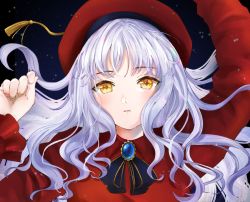 Rule 34 | 1girl, arms up, beret, breasts, brooch, caren hortensia, caren hortensia (amor caren), caren hortensia (amor caren) (second ascension), dress, fate/grand order, fate (series), hat, jewelry, long hair, long sleeves, looking at viewer, medium breasts, neck ribbon, parted lips, red dress, red headwear, ribbon, tsuribori, wavy hair, white hair, yellow eyes