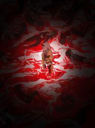 Rule 34 | blood, corpse, from above, hand on own face, highres, horns, japanese clothes, kureha yuna, long hair, magia record: mahou shoujo madoka magica gaiden, magical girl, mahou shoujo madoka magica, oni, single horn, solo focus, surreal, wading, wuubaiwan