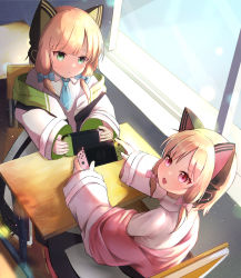 Rule 34 | 2girls, :3, absurdres, animal ears, blonde hair, blue archive, blue bow, blue necktie, bow, chair, classroom, closed mouth, collared shirt, controller, day, desk, fake animal ears, from above, game controller, green eyes, hair bow, headphones, highres, holding, holding controller, holding game controller, indoors, long sleeves, looking at viewer, looking up, medium hair, midori (blue archive), moepu., momoi (blue archive), multiple girls, necktie, on chair, open mouth, pink bow, pink eyes, school chair, school desk, shirt, siblings, sisters, sitting, white shirt, wide sleeves, window
