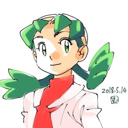 Rule 34 | 1girl, 2018, closed mouth, creatures (company), dated, game freak, green eyes, green hair, hat, jacket, kris (pokemon), muneondo, nintendo, open clothes, open jacket, pokemon, pokemon gsc, red shirt, shirt, simple background, smile, solo, twintails, white background, white hat, white jacket