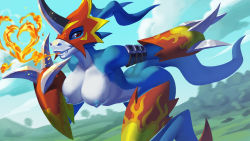 1girl absurdres alanscampos blue_skin breasts colored_skin digimon female_focus fire fladramon furry highres looking_at_viewer nipples nude solo tail uncensored