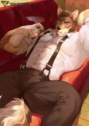 Rule 34 | 1boy, abs, absurdres, animal ears, artist logo, bara, cigar, claws, commentary, couch, coyote boy, english commentary, estper, furry, furry male, highres, holding, holding cigar, looking at viewer, lying, male focus, muscular, muscular male, notched ear, on back, on couch, pectorals, scar, scar on face, scar on mouth, smoke, smoking, tail, the smoke room, william adler (the smoke room), wolf ears, wolf tail