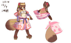 Rule 34 | 1girl, breasts, brown hair, character sheet, closed eyes, female focus, flower, furry, furry female, geta, japanese clothes, long hair, ni jikan, open mouth, plant, ponytail, raccoon, sandals, sarashi, solo, sword, twintails, weapon, white background