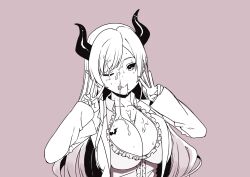 Rule 34 | 1girl, blush, breasts, cleavage, cum, cum on body, cum on breasts, cum on hair, cum on upper body, demon girl, demon horns, demon wings, double v, facial, female focus, highres, hololive, horns, lab coat, large breasts, long hair, looking at viewer, pointy ears, senaka (kamemusikiller0723), smile, solo, suggestive fluid, tattoo, tongue, upper body, v, virtual youtuber, wings, yuzuki choco, yuzuki choco (1st costume)