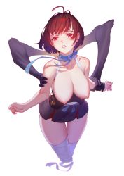 Rule 34 | 10s, 1girl, ahoge, arm grab, bandaged leg, bandages, black skin, blue ribbon, breasts, breasts out, brown hair, choker, cleavage, collarbone, colored skin, corset, cowboy shot, cropped legs, hanging breasts, highres, kabane, koutetsujou no kabaneri, large breasts, looking at viewer, microskirt, miniskirt, mumei (kabaneri), musee, nipples, outstretched arms, parted lips, pink eyes, pleated skirt, red hair, ribbon, ribbon choker, short hair, simple background, skirt, solo focus, thigh gap, topless, white background