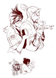Rule 34 | 1boy, 1girl, arm tattoo, bad id, bad twitter id, beard, black tea, bomber jacket, cup, facial hair, goggles, green tea, hanzo (overwatch), holding, holding cup, jacket, japanese clothes, monochrome, open mouth, overwatch, overwatch 1, ponytail, short hair, sleeves rolled up, spiked hair, spit take, spitting, steam, sweatdrop, tattoo, tea, teacup, tongue, tongue out, tracer (overwatch), union jack, white background, yunomi