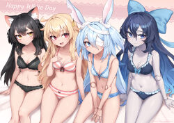 Rule 34 | 4girls, ahoge, animal ear fluff, animal ears, artist request, bandage over one eye, bandaged head, bandages, bikini, black bikini, black hair, blonde hair, blue bikini, blue eyes, blue hair, bow, bow bikini, breasts, brown eyes, cat ears, cat girl, cleavage, doll joints, ear tag, expressionless, hair bow, hand on own chest, highres, joints, little witch nobeta, long hair, monica (little witch nobeta), multiple girls, navel, nobeta, official art, open mouth, pale skin, phyllis (little witch nobeta), rabbit ears, rabbit girl, red eyes, ribbon, sitting, slit pupils, small breasts, smile, striped bikini, striped clothes, swimsuit, tania (little witch nobeta), thigh gap, thighs, two side up, very long hair, white day