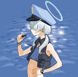 Rule 34 | 1girl, bikini, black vest, blue archive, blue background, blue bikini, breasts, from side, gomibako (gomibako price), hair over eyes, halo, hand on own hip, hat, highres, holding, medium hair, police, police hat, police uniform, policewoman, profile, saliva, saliva trail, simple background, small breasts, solo, swimsuit, uniform, upper body, valkyrie police academy student (blue archive), vest, watch, water, whistle, whistle around neck, white hair, wristwatch