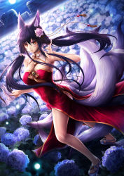 Rule 34 | 1girl, absurdres, ahri (league of legends), animal ears, black hair, blush, breasts, brown eyes, cleavage, covered navel, detached collar, dress, dutch angle, facial mark, fighting stance, floating hair, flower, fox ears, fox mask, fox tail, full moon, grin, hair flower, hair ornament, hair scrunchie, highres, holding, holding mask, huge breasts, league of legends, long hair, low twintails, mask, moon, multiple tails, night, red dress, sandals, scrunchie, sleeveless, sleeveless dress, smile, solo, standing, sui sui baihu jiu wei pang pang, tail, twintails, very long hair