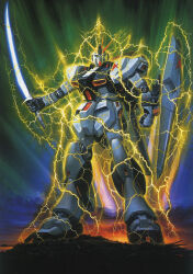 Rule 34 | 1980s (style), anaheim electronics, artist request, battle, beam saber, char&#039;s counterattack, electricity, emblem, energy, energy field, glowing, glowing eye, gundam, highres, looking at viewer, machinery, mecha, mecha focus, mobile suit, no humans, nu gundam, official art, oldschool, painting (medium), production art, promotional art, redesign, retro artstyle, robot, scan, science fiction, shield, traditional media, v-fin, weapon