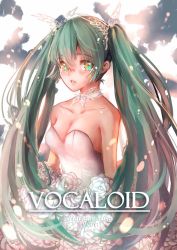 Rule 34 | 1girl, aqua eyes, aqua hair, bare shoulders, blush, breasts, character name, choker, cleavage, copyright name, dress, flower, hatsune miku, lips, long hair, looking at viewer, mouyijun, parted lips, rose, solo, twintails, very long hair, vocaloid, wedding dress, white rose