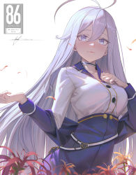 Rule 34 | 1girl, 86 -eightysix-, absurdres, antenna hair, bingwei huang, blue jacket, blue skirt, collar, collarbone, collared shirt, commentary, copyright name, cropped jacket, dated, flower, grey eyes, hair between eyes, hand on own chest, hands up, high-waist skirt, highres, jacket, lips, long hair, long sleeves, looking at viewer, military, military uniform, red flower, shirt, signature, silver hair, simple background, skirt, solo, spider lily, standing, uniform, upper body, very long hair, vladilena millize, white background, white shirt