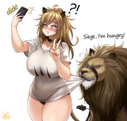 Rule 34 | !?, 1girl, animal, animal ears, antenna hair, arknights, black panties, blush, breasts, brown eyes, brown hair, cellphone, collar, commentary, covered erect nipples, curvy, embarrassed, english commentary, english text, fang, highres, holding, holding phone, jmg, large breasts, lion, lion ears, lion tail, long hair, medium hair, meme, messy hair, muzzle, nose blush, pajamas challenge, panties, phone, print shirt, pulling another&#039;s clothes, selfie, shirt, siege (arknights), standing, studded collar, t-shirt, tail, taking picture, taut clothes, taut shirt, thick thighs, thighs, underwear, v, whiskers