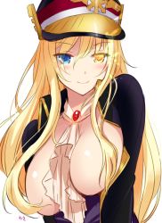 Rule 34 | 1girl, artist name, between breasts, blonde hair, blue eyes, blush, breasts, breasts out, female focus, gem, glowing, glowing eye, hair censor, hair over breasts, hat, heterochromia, jewelry, large breasts, long hair, looking at viewer, mahou tsukai to kuroneko no wiz, pendant, riveta, saikawa yusa, shako cap, signature, simple background, smile, solo, upper body, white background, yellow eyes