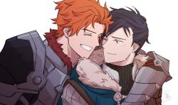 2boys aqua_cape aqua_tunic arm_around_shoulder armor black_hair black_shirt breastplate cape closed_mouth collared_shirt commentary couple felix_hugo_fraldarius fire_emblem fire_emblem:_three_houses fur-trimmed_armor fur-trimmed_hood fur_trim grin hashtag-only_commentary head_rest highres hood hood_down looking_at_another male_focus multiple_boys nintendo one_eye_closed orange_hair pauldrons red_fur satodee shirt short_hair shoulder_armor signature simple_background smile sylvain_jose_gautier teeth tunic turtleneck upper_body white_background white_fur white_shirt yaoi