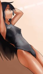 Rule 34 | 1girl, black eyes, black hair, breasts, competition swimsuit, covered erect nipples, long hair, lvi, one-piece swimsuit, original, small breasts, solo, swimsuit