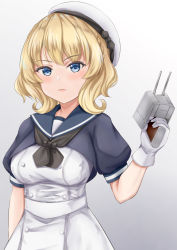 Rule 34 | 1girl, adapted turret, blonde hair, blue eyes, blue sailor collar, braid, breasts, cannon, colorado (kancolle), cosplay, dress, gloves, hat, highres, jervis (kancolle), jervis (kancolle) (cosplay), kantai collection, koru pera, large breasts, sailor collar, sailor dress, sailor hat, short hair, side braids, solo, upper body, white dress, white gloves, white hat