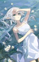 1girl arm_up cowboy_shot dress elf flower frieren from_above fzi_(nullx) green_eyes hand_on_own_forehead hand_on_own_stomach highres long_hair looking_at_viewer lying on_back parted_lips partially_submerged pointy_ears sleeveless sleeveless_dress solo sousou_no_frieren sundress very_long_hair water white_dress white_flower white_hair