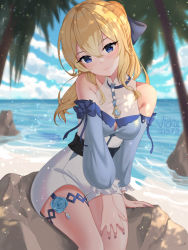Rule 34 | 1girl, artist name, bag, bare shoulders, beach, blonde hair, blue eyes, blue sky, breasts, cloud, commentary, day, detached sleeves, genshin impact, hair between eyes, hand on own thigh, head tilt, highres, jean (genshin impact), jean (sea breeze dandelion) (genshin impact), long hair, looking at viewer, medium breasts, nail polish, outdoors, palm tree, rock, sitting, sky, smile, solo, tree, vickie (cryingrobot), water