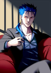 Rule 34 | 1boy, alternate costume, blue hair, business suit, cigarette, couch, cu chulainn (fate), earrings, eilinna, fate/stay night, fate (series), formal, jewelry, cu chulainn (fate/stay night), male focus, ponytail, red eyes, solo, suit