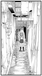 Rule 34 | 1girl, absurdres, alley, backpack, bag, closed mouth, greyscale, highres, kneehighs, loafers, looking at viewer, medium hair, monochrome, nakachiruno, original, outdoors, shoes, socks, solo, standing