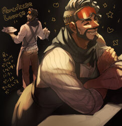 Rule 34 | 1boy, alternate costume, apex legends, apron, arm hair, ass, asymmetrical hair, bara, bartender, beard, black apron, brown pants, chest hair, eyebrow cut, facial hair, from behind, goggles, goggles on head, heart, holding, holding plate, karipaku, leaning forward, looking back, male focus, mature male, mirage (apex legends), multiple views, pants, pectorals, plate, scar, scar on face, scar on nose, scarf, sidecut, sleeves rolled up, smile, sparkle background, thick eyebrows, translation request, undercut