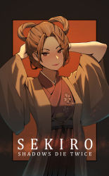 Rule 34 | 1girl, absurdres, breasts, brown eyes, brown hair, closed mouth, emma the gentle blade, hair bun, hand in own hair, highres, japanese clothes, kimono, long sleeves, looking at viewer, sekiro: shadows die twice, shawneion, short hair, simple background, single hair bun, solo, updo