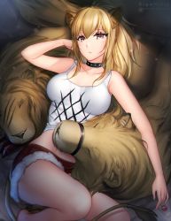 Rule 34 | 1girl, animal ears, arknights, black choker, blonde hair, breasts, candy, cat ears, choker, collarbone, cuddling, cutoffs, dot nose, closed eyes, food, gigamessy, hair between eyes, holding, holding candy, holding food, holding lollipop, large breasts, legs, lion, lion girl, lion tail, lollipop, looking at viewer, lying, medium breasts, on back, ponytail, red shorts, scarf, shorts, siege (arknights), sleeping, tail, tank top, yellow eyes