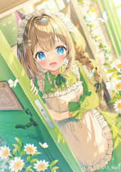 Rule 34 | 1girl, animal ear fluff, blue eyes, blush, braid, brown hair, bug, butterfly, cafe, cat girl, door, dutch angle, entrance, fang, flower, hair ornament, hairclip, highres, ikari (aor3507), insect, looking at viewer, maid headdress, opening door, original, skin fang, twin braids