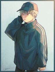 Rule 34 | 1boy, adcalcium, alternate costume, bakugou katsuki, baseball cap, black hat, black jacket, blonde hair, blue background, boku no hero academia, border, commentary request, cowboy shot, green border, hand up, hat, highres, jacket, long sleeves, male focus, red eyes, short hair, signature, simple background, solo, spiked hair, standing