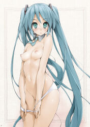 Rule 34 | 1girl, blush, breasts, detached collar, embarrassed, feet out of frame, female focus, green eyes, green hair, groin, hatsune miku, highres, ishikei, legs, long hair, looking at viewer, matching hair/eyes, navel, necktie, nipples, no bra, panties, panty pull, parted lips, pulled by self, simple background, small breasts, solo, standing, thighs, topless, twintails, underwear, very long hair, vocaloid