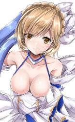 Rule 34 | 1girl, areola slip, bare shoulders, blonde hair, braid, breasts, breasts apart, brown eyes, cleavage, collarbone, crown braid, detached sleeves, djeeta (granblue fantasy), dress, elbow gloves, elysian (granblue fantasy), from above, gloves, granblue fantasy, hair ornament, looking at viewer, medium breasts, ribbon, shimo (depthbomb), short hair, simple background, smile, solo, tagme, white background, white dress, white gloves