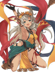 Rule 34 | 10s, 1girl, :d, a (nanananaaannaa), animal ears, arm up, bad id, bad pixiv id, between breasts, black gloves, blush, breasts, cat ears, erune, flower, gloves, granblue fantasy, green eyes, hair flower, hair ornament, long hair, looking at viewer, nemone, open mouth, sandals, sideboob, simple background, smile, solo, squatting, tan, weapon, white background