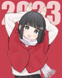 Rule 34 | 1girl, 1ssakawaguchi, 2023, ahoge, arms up, black hair, blue eyes, blush, bob cut, chinese zodiac, hair ornament, head tilt, highres, jacket, looking at viewer, open mouth, original, rabbit hair ornament, rabbit pose, red background, scarf, short hair, simple background, smile, solo, teeth, upper body, upper teeth only, year of the rabbit
