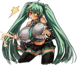 Rule 34 | 1girl, breasts, green hair, hatsune miku, huge breasts, lactation, lactation through clothes, sachito, simple background, solo, vocaloid
