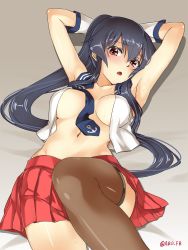 Rule 34 | 10s, 1girl, abo (hechouchou), anchor symbol, armpits, arms behind head, arms up, between breasts, black hair, blush, breasts, gloves, high ponytail, highres, kantai collection, large breasts, looking at viewer, lying, navel, neckerchief, no bra, on back, open clothes, open mouth, pleated skirt, red eyes, red skirt, sailor collar, school uniform, serafuku, shirt, single thighhigh, skirt, sleeveless, sleeveless shirt, solo, thighhighs, twitter username, white gloves, yahagi (kancolle)