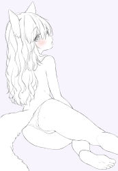 Rule 34 | 1girl, animal ears, ass, barefoot, blush, feet, foot out of frame, fox ears, fox tail, from behind, highres, long hair, looking at viewer, monochrome, mutou mato, open mouth, original, panties, simple background, sitting, sketch, soles, solo, tail, toes, tongue, tongue out, topless, underwear
