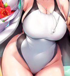 Rule 34 | 1girl, 1other, bag, bare shoulders, breasts, cleavage, collarbone, commentary request, competition swimsuit, covered navel, fate/grand order, fate (series), glint, groin, highleg, highleg swimsuit, holding hands, jacket, jeanne d&#039;arc (fate), jeanne d&#039;arc (ruler) (fate), jeanne d&#039;arc (swimsuit archer) (fate), jeanne d&#039;arc (swimsuit archer) (second ascension) (fate), large breasts, off shoulder, one-piece swimsuit, shiny skin, shoulder bag, sitting, skindentation, solo focus, swimsuit, thighs, wet, whistle, whistle around neck, yamoge