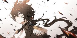 Rule 34 | 1boy, animal ears, arknights, ascot, black hair, black jacket, black shirt, blush, bright pupils, commentary, crying, crying with eyes open, ebenholz (arknights), epaulettes, goat boy, goat ears, goat horns, gradient background, highres, horns, jacket, long hair, male focus, parted lips, ponytail, purple eyes, rei (926qz), shirt, simple background, solo, tears, upper body, wavy hair, white ascot, white pupils