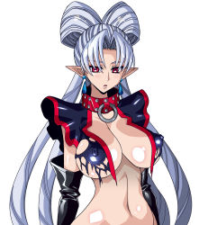 Rule 34 | 1girl, akagi towa, black gloves, breasts, covered erect nipples, earrings, elbow gloves, expressionless, gloves, go! princess precure, highres, jewelry, large breasts, long hair, looking at viewer, pointy ears, precure, quad tails, raisuta, red eyes, shiny skin, silver hair, solo, torn clothes, twilight (go! princess precure), white background