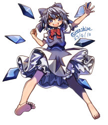 Rule 34 | 1girl, :d, barefoot, bloomers, blue bow, blue dress, blue eyes, blue hair, bow, bowtie, cirno, commentary, dated, detached wings, dress, feet, full body, hair bow, highres, ice, ice wings, looking at viewer, open mouth, red bow, red bowtie, renshirenji, short hair, short sleeves, simple background, smile, soles, solo, teeth, toes, touhou, twitter username, underwear, upper teeth only, white background, wings