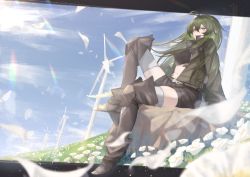 Rule 34 | 1girl, antenna hair, arknights, belt, belt pouch, black footwear, black shirt, black shorts, black thighhighs, boots, breasts, commentary, crocodilian tail, crop top, day, flower, full body, gavial (arknights), gavial (combat medic) (arknights), green hair, green jacket, hair between eyes, head tilt, jacket, knee up, long hair, long sleeves, looking afar, medium breasts, midriff, navel, official alternate costume, open clothes, open jacket, open mouth, outdoors, ozeu0916, petals, pointy ears, pouch, rock, sharp teeth, shirt, short shorts, shorts, sitting, sitting on rock, sky, smile, solo, steel-toe boots, stomach, tail, teeth, thigh boots, thighhighs, thighhighs under boots, thighs, white thighhighs, wind turbine, windmill, yellow eyes, zettai ryouiki